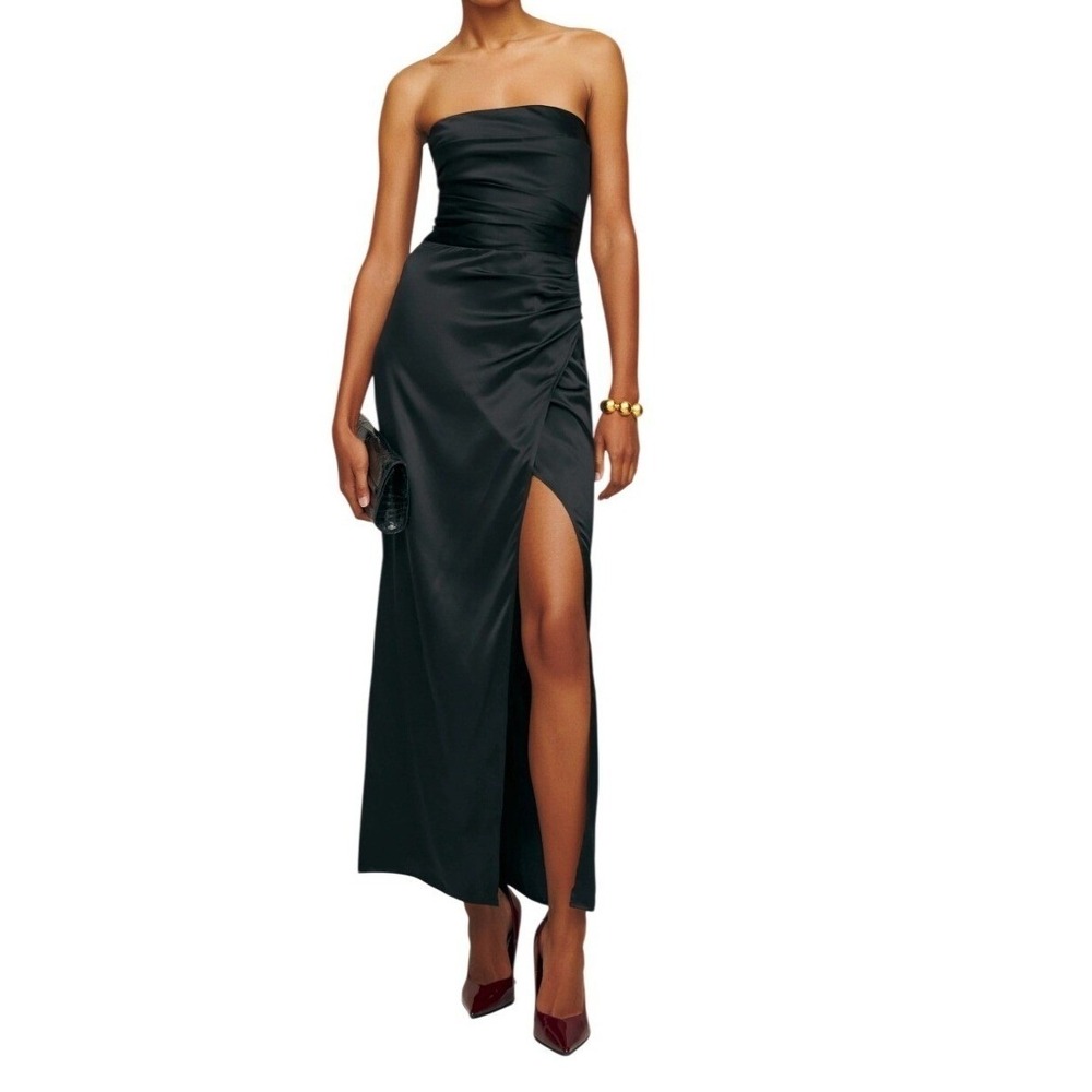 NWT Reformation Barrow Silk Dress Black Strapless Maxi Slit Size 8